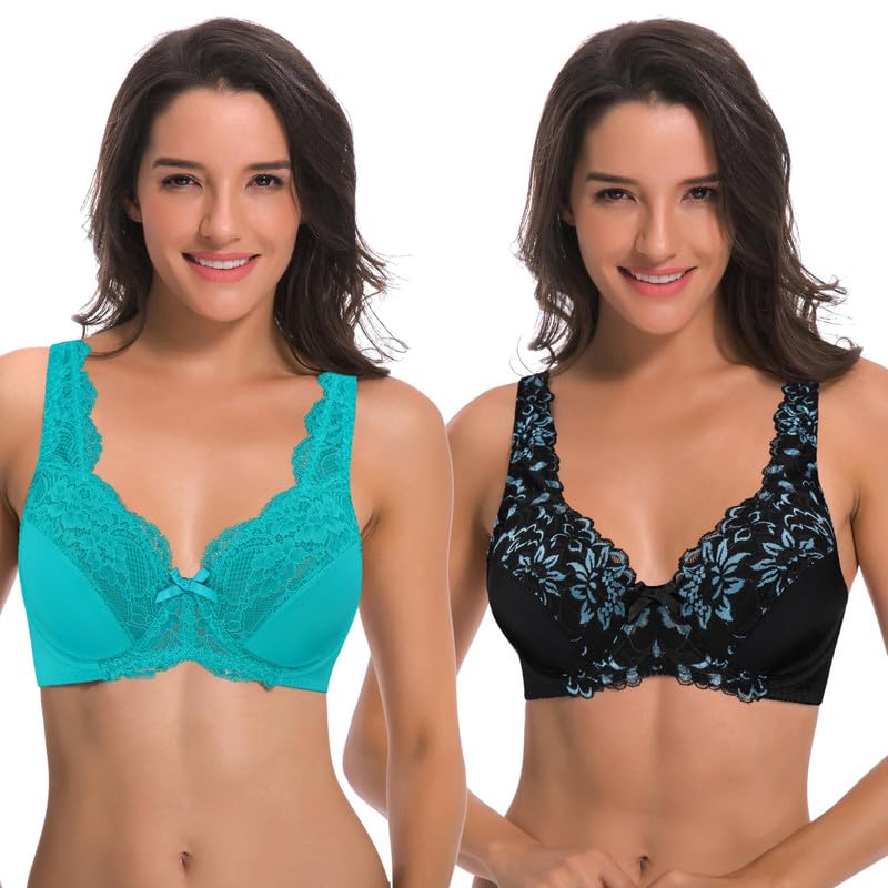 Image of Curve Muse Minimizer Unlined Underwire Bra with Lace Embroidery-2 Pack