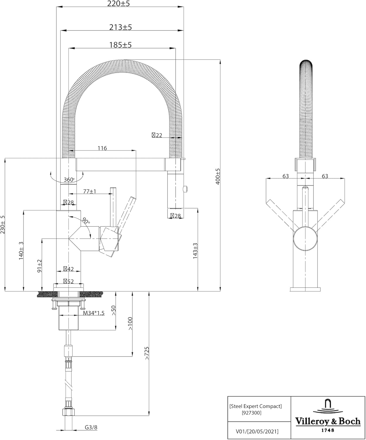 Villeroy & Boch Steel Expert Compact grifería de cocina, alta presión, con función de conmutación y desagüe orientable, grifo de fregadero de bajo consumo, altura del caño 143 mm, acero inoxidable