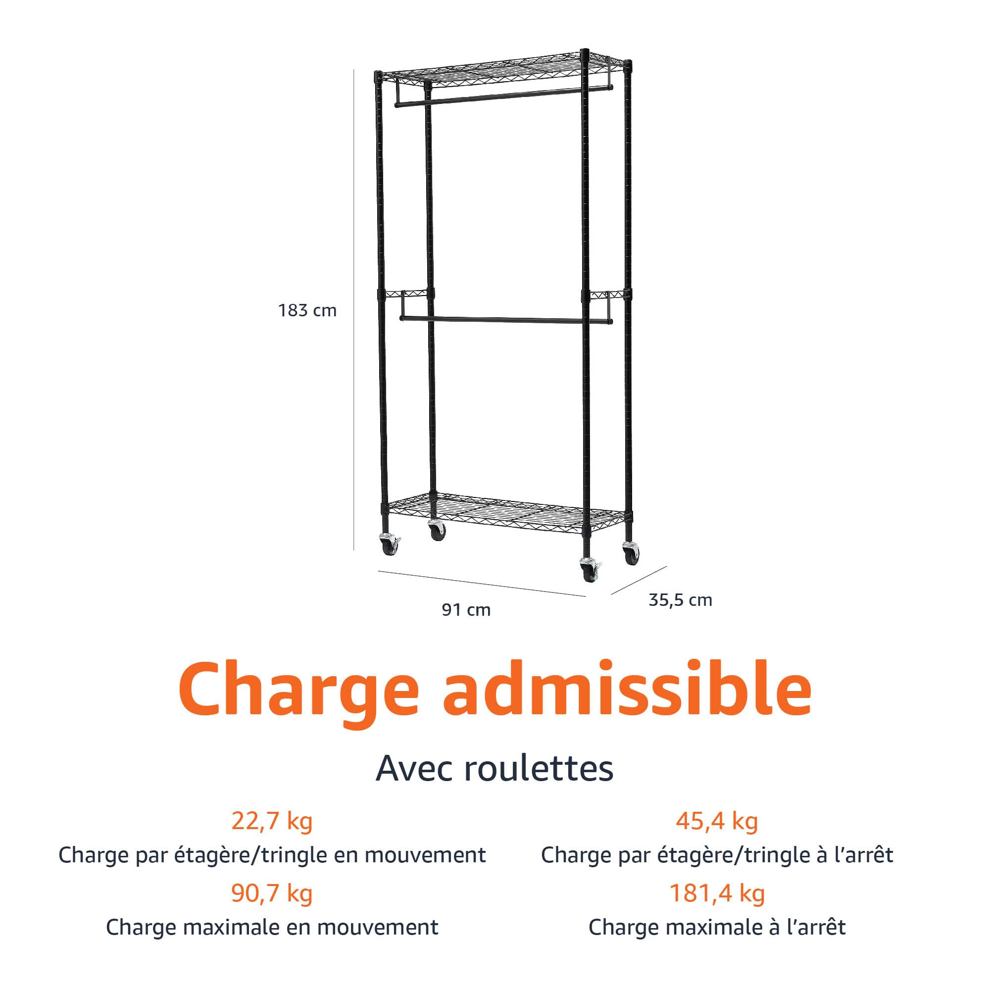 Amazon Basics Portant à double tringle avec roulettes Noir, L 91 cm x l 35,5 cm x H 183 cm