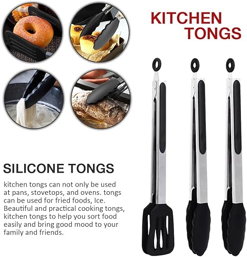 Miniatura 6 de Juego de 3 pinzas de cocina de 12 pulgadas, pinzas de silicona con puntas de silicona y mango de acero inoxidable, pinzas para cocinar, hornear,