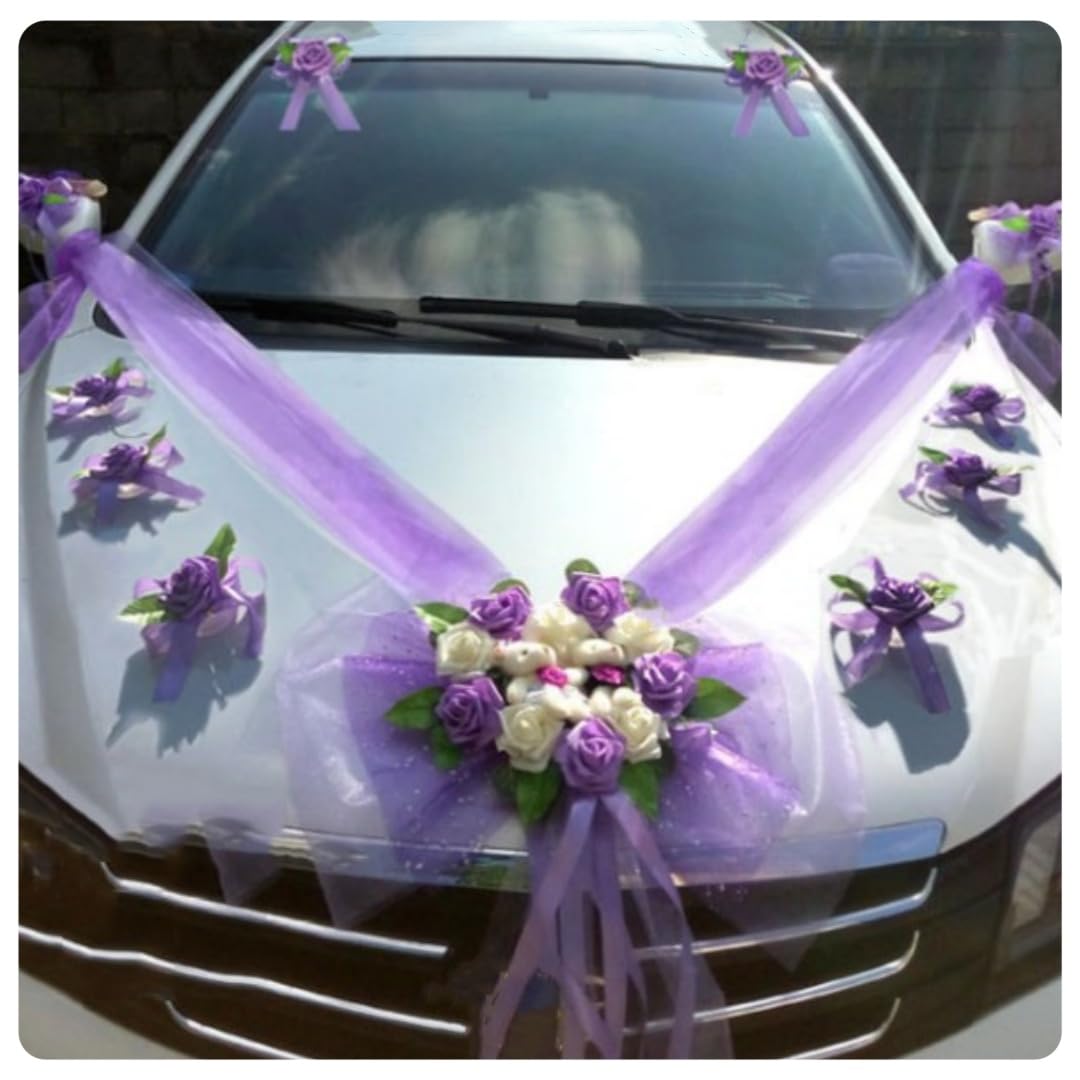 Décoration de voiture pour mariage, fête de mariage, décoration de voiture, fleurs artificielles en soie avec ventouse, guirlande en tulle, décoration de capot avec ours pour mariage