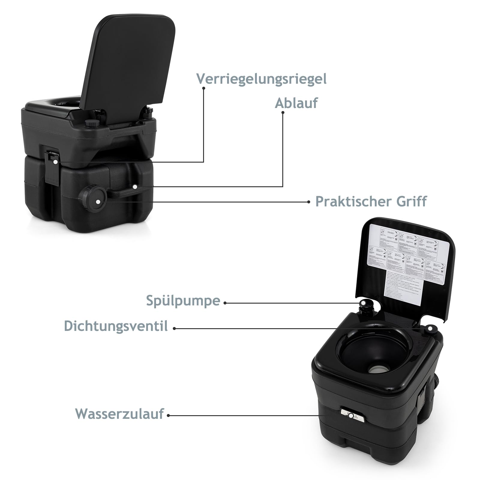 GYMAX Campingtoilette, 20L Reise-Totillete mit auslaufsicherem Toilettensitz, abnehmbarem Abwassertank & Griff, Mobile Campingklo für Reisen, Garten & Camping