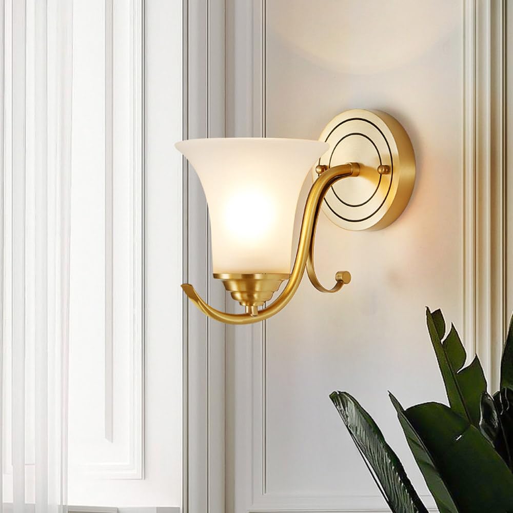 Applique da Parete Vintage in Ottone con Paralume in Vetro Smerigliato, Lampada da toeletta in Ottone Spazzolato a 1 Luce, Lampada da Parete Moderna di metà secolo, Lampada da Parete Art Déco per