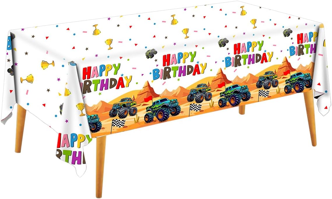 3PCS Monster Truck Tablecloth - Disposable TableCover, Checkered Tablecloth for Monster Truck Birthday Party Decorations,Racing Decorations