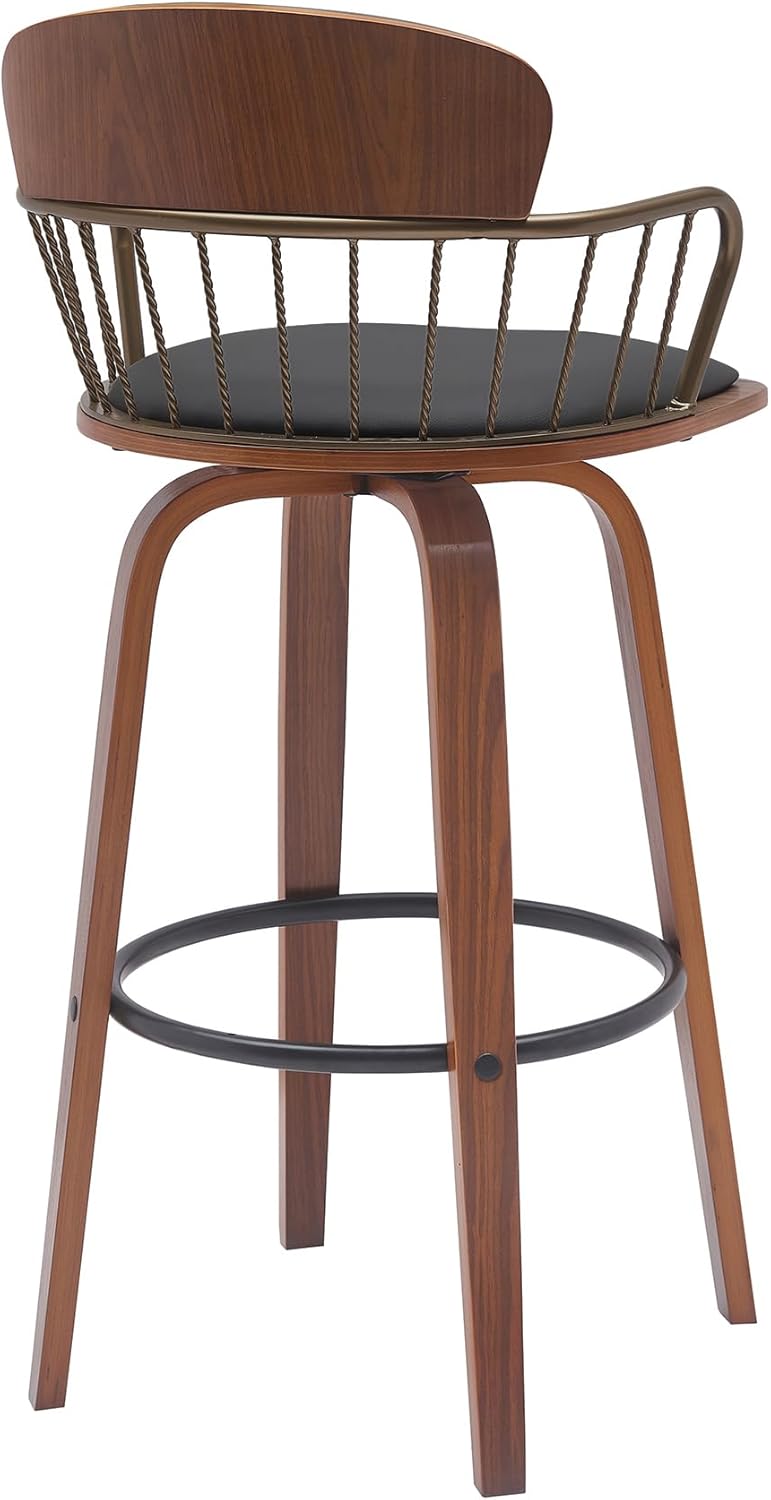Armen Living Willow 25.5" Seat Height Mid Century Modern Swivel Walnut Wood Bar Stool for Kitchen Island Counter in Black Faux Leather with Golden Bronze Metal