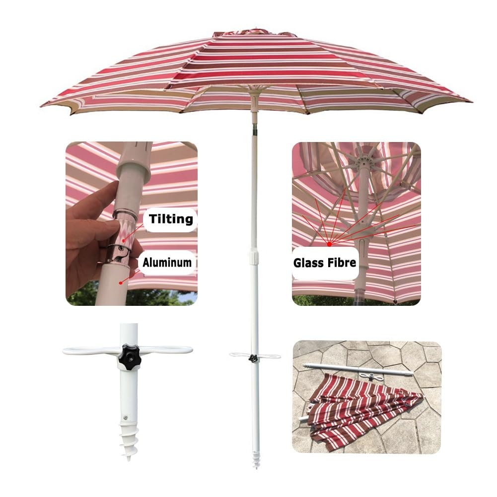 200 cm Parasol Plażowy z Pochylanym, Czerwony Paskowany Parasol Ogrodowy, Przenośny Składany Parasol Tarasowy, Regulowana Wysokość, Aluminiowy Drążek