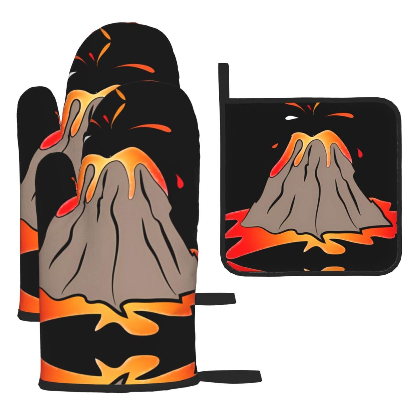 volcano 3 Piece Kitchen Oven Mitt Set Heat Resistant Gloves with Pot Holder Mat Polyester Printed for Cooking Baking BBQ Grill