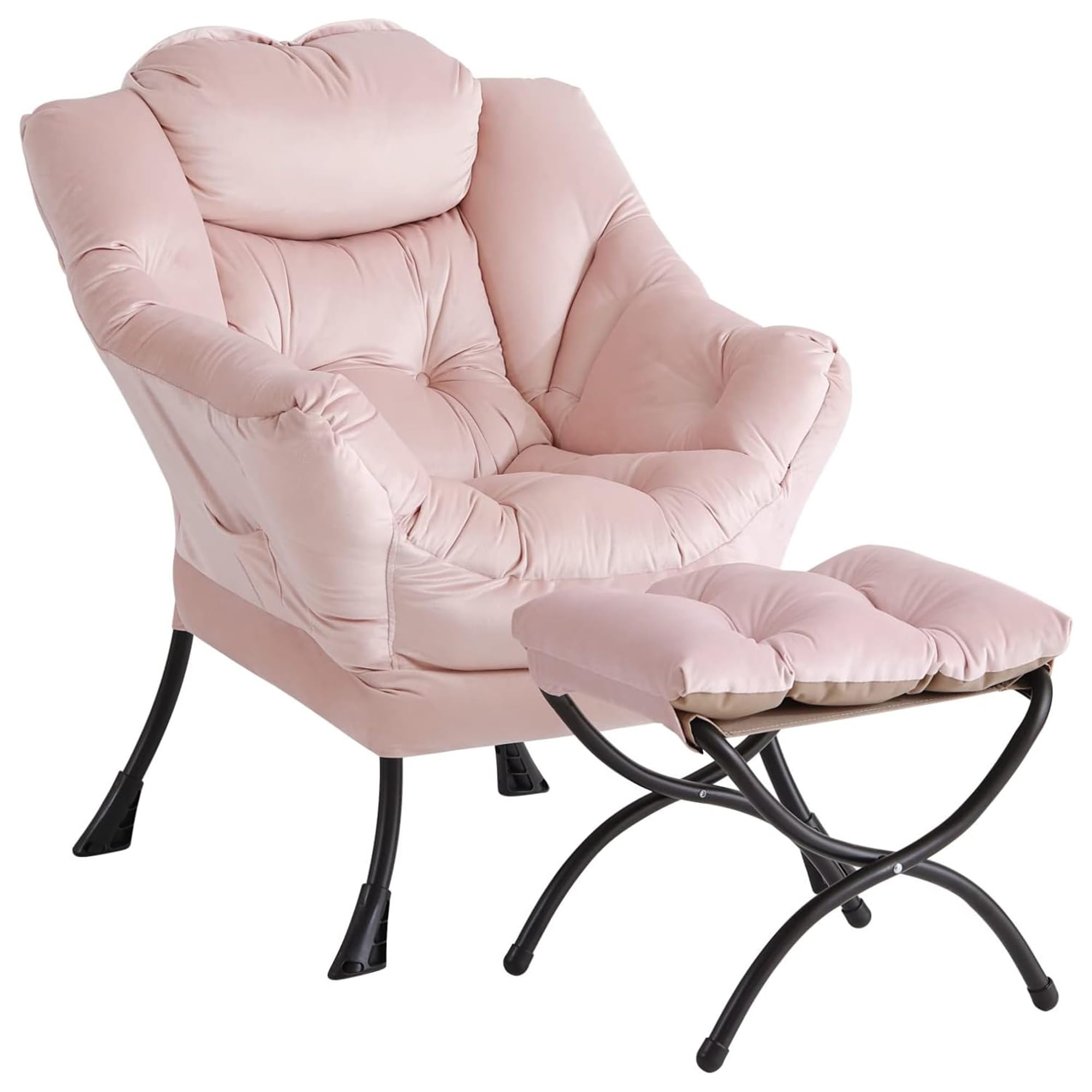 AffinityFurn Armchair Accent Chair Set with Footstool, Modern Lazy Lounge Reading Chair Set, 400LB Capacity, Adjustable Recliner, Removable Cushion, Side Pocket – Dutch Velvet, Pink