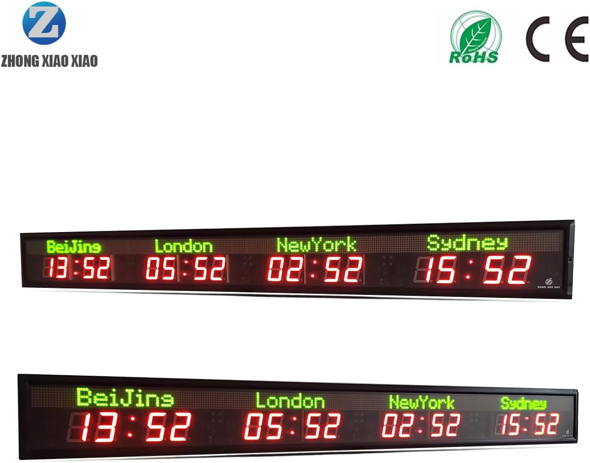 LED World Clock, 4-City Multi Time Zone Digital NTP Wall Clock - 12/24 Hour Format, Green City Name Display, Wall Mountable for Office & Hotel ， Airport， Military Bases Use