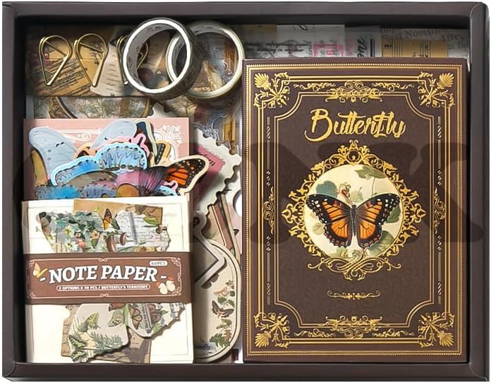 Image of GDNK 346pcs Vintage Journal Scrapbook Pack Kit for Art Journaling Bullet, Planners DIY Paper Stickers, Craft Kits Notebook, Collage Album Aesthetic Sticker (Moonlight) (Brown Butterfly)