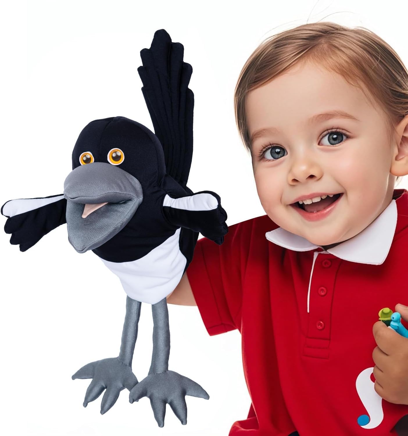Muñeco de peluche Steve y Maggie – Marioneta de mano Maggie la Urraca para niños a partir de 1 año, suave marioneta de pájaro para juegos de rol, canciones infantiles y aprendizaje (PEQUEÑO)