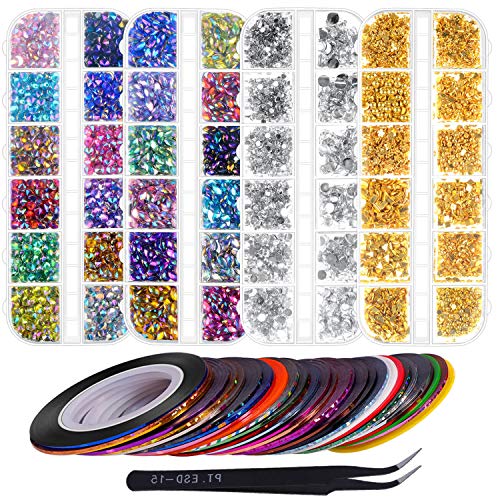 Anezus 7100 Pcs Nail Art Rhinestones Nail Gems Kit with 30 Assorted Colors Nail Art Striping Tape and Pickup Tools for Nail Art Supplies Accessories