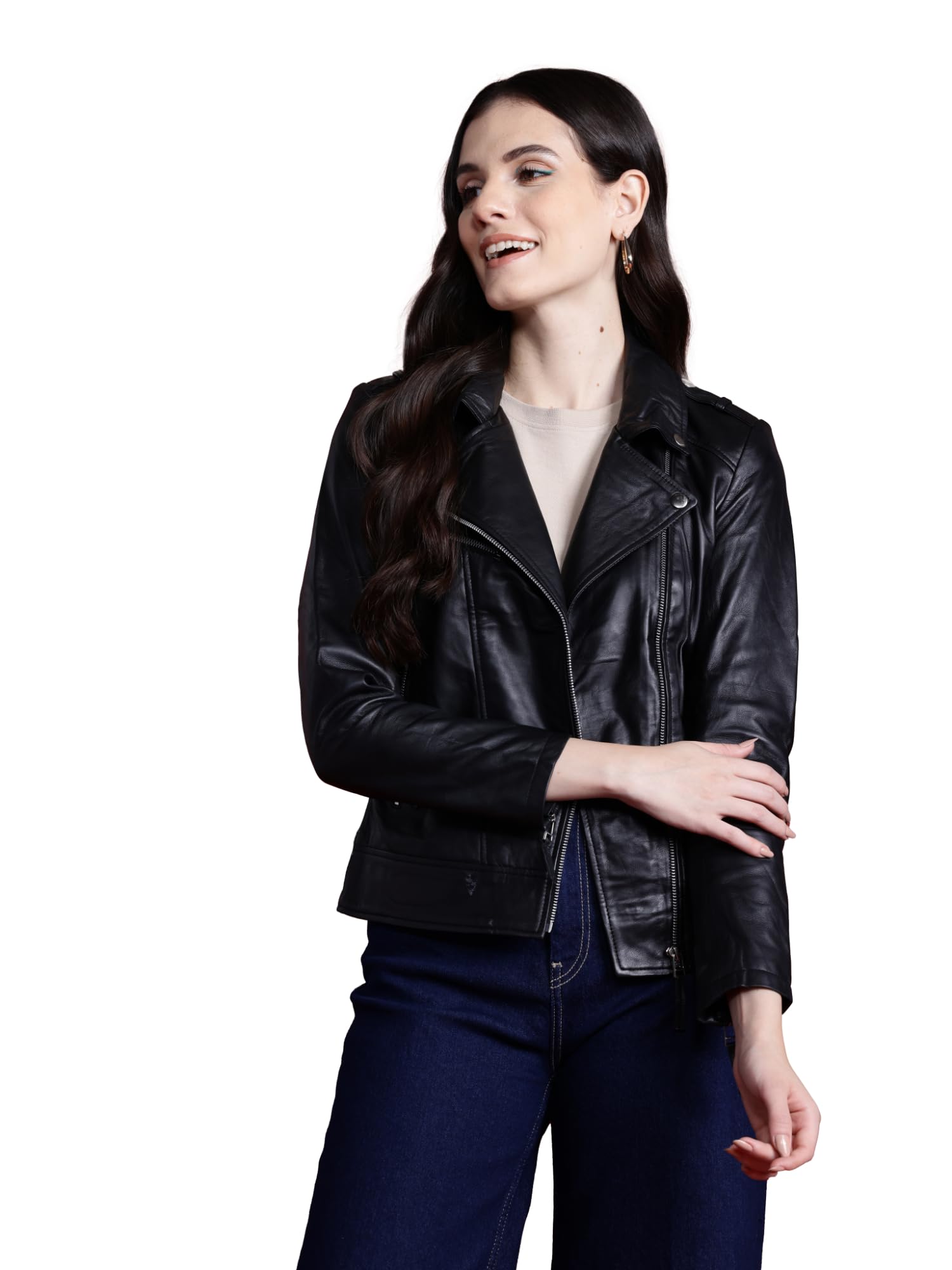leather retail Genuine Leather Soild Casual Biker Jacket for Women (Black)-picture-38