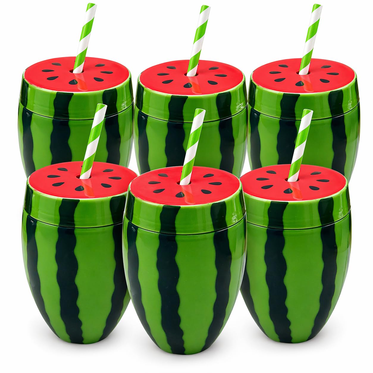 Quickdraw Watermelon Cups with Straws Pack of 6 Reusable Plastic Drinks Cups with Lids Cocktail Cups Tiki Hawaiian Luau Beach BBQ Summer Party Drinkware for Kids & Adults