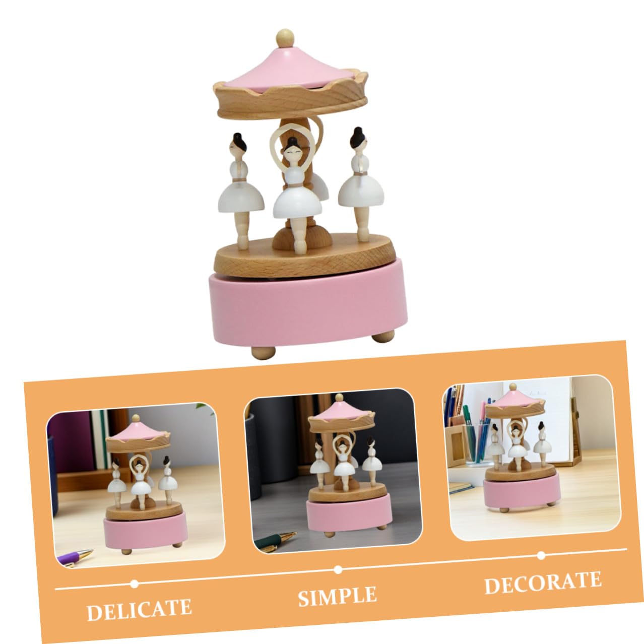 Caja Musical de Bailarina Giratoria de Madera Rosa, Figura Coleccionable