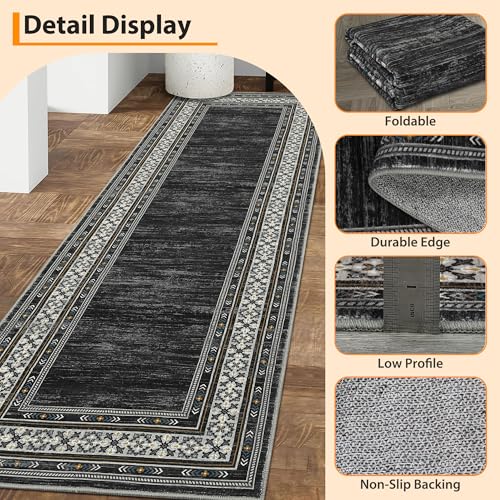 GlowSol Modern Runner Rug 2x6 Washable Bordered Hallway Runner Washable Rug Kitchen Runner Black Laundry Room Rug Runner Non Slip Non-Shedding Low Pile Soft Carpet Runner for Bathroom Bedroom Entry