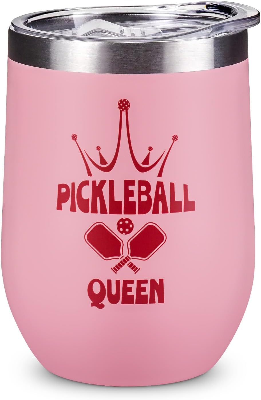 12oz Pink Women Pickleball Stemless Wine Tumbler, Insulated Stainless Steel Cup, Sports Drinkware with Crown Design,Funny Pickleball Gifts for Mom Players Fans Teammates, Birthday Mother’s Day Gift