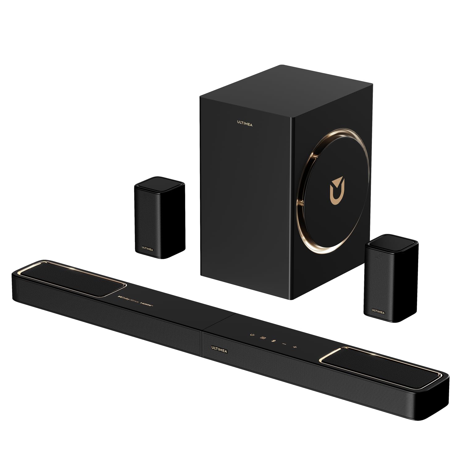 ULTIMEA5.1.2ch Sound Bar with Dolby Atmos, Surround Sound System for TV with 2 Surround Speakers, Sound Bar for Smart TV, Soundbar with Subwoofer for Home Theater, BT 5.4, HDMI eARC, Skywave F40 Boom