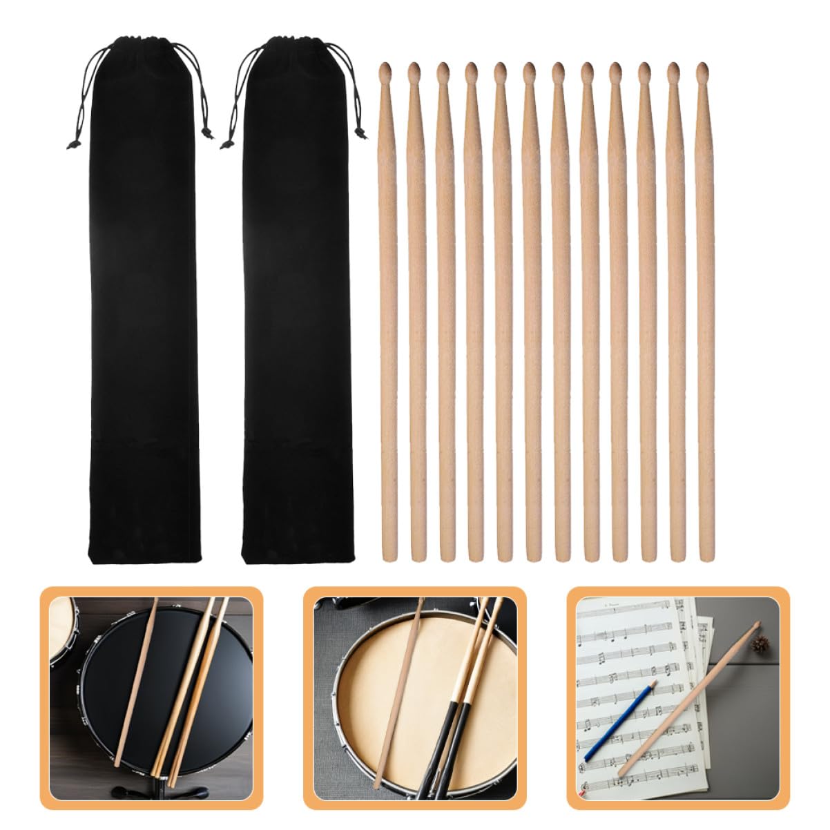 BESPORTBLE 2ensembles Baguettes De Batterie Érable Pour Baguettes Rythmiques Étui De Rangement Inclus