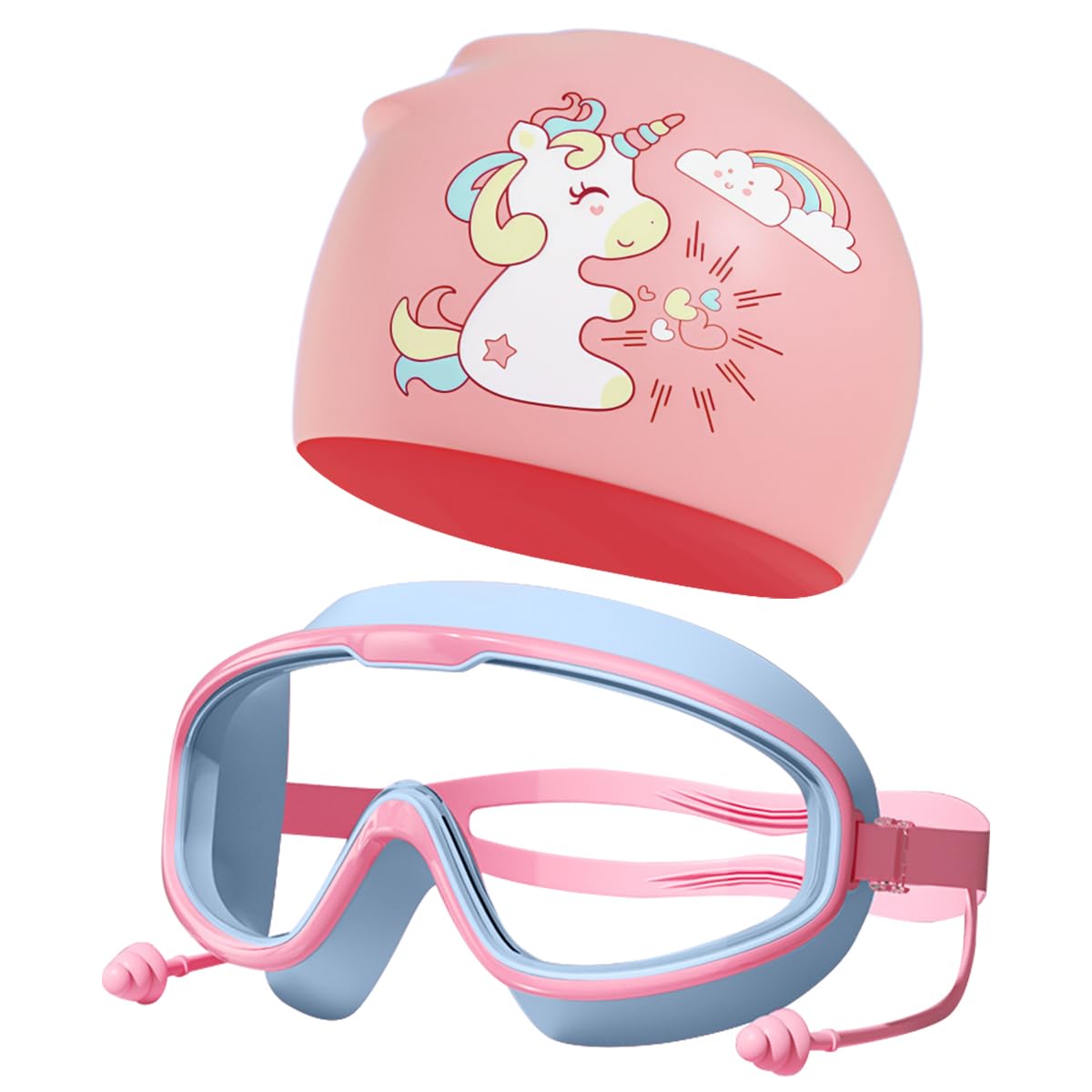 PROBEROS® Swimming Goggles & Cap Set for Girls, Anti Fog Large Frame Swim Goggles with Silicone Seal, Unicorn Cartoon Design, Waterproof Silicone Swim Cap for Children Pool Beginners, Unicorn-Pink-image-1