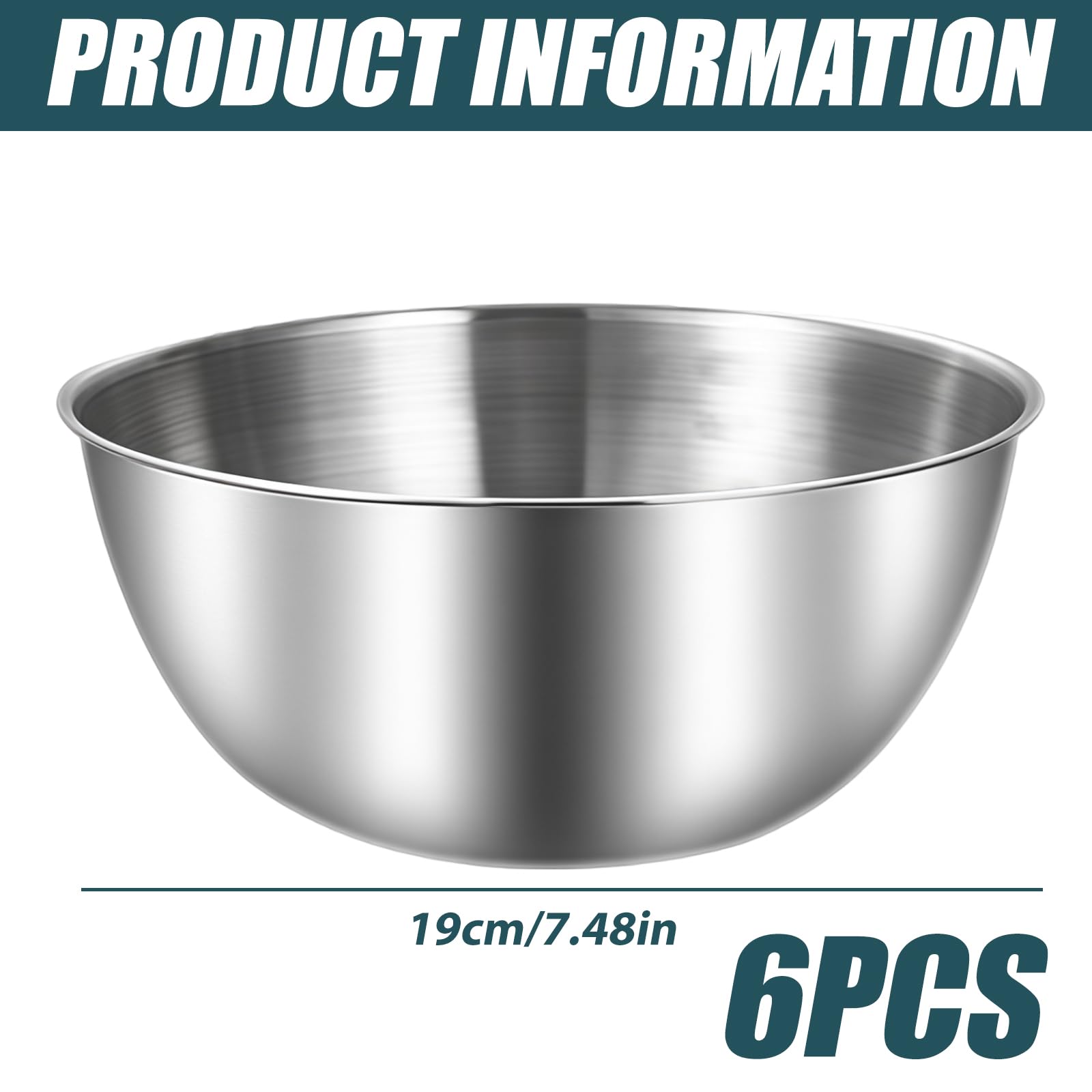 BAIFULAI Set di 6 ciotole in acciaio inox, 19 cm, grande capacità, con marchi, ciotole in acciaio inox per insalatiera, ciotola per snack, ciotola per snack (argento)