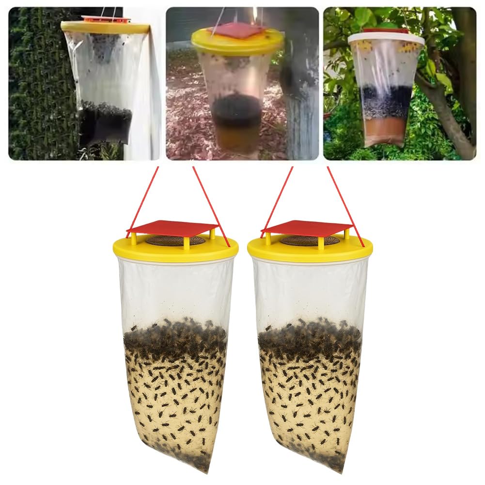 2 Pack Fly Trap Outdoor Hanging Flies Catcher,Disposable Ranch Fly Trap Catcher Bag with Bait,Flies Killer Repellent for Outdoor Garden, Farm, Horse Barn
