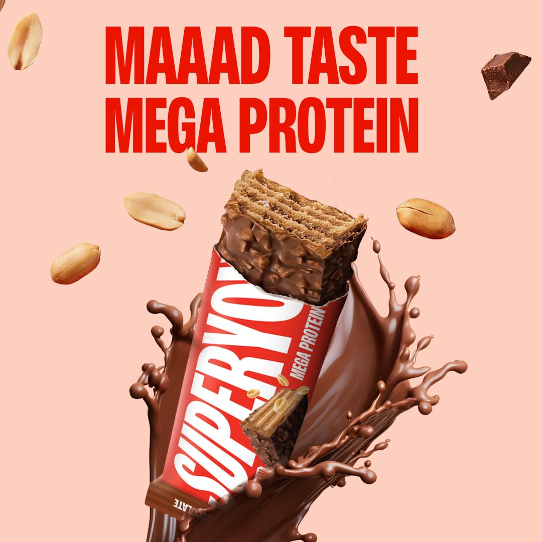 Superyou Nutty Chocolate Mega Protein Wafer Bar (Pack of 6) 20G Protein, 4.8g Fibre, No Added Sugar | Yeast Fermented |Energy Bars|Crunchy Wafer Bar|100% Vegetarian|No Palm Oil | 360g 3