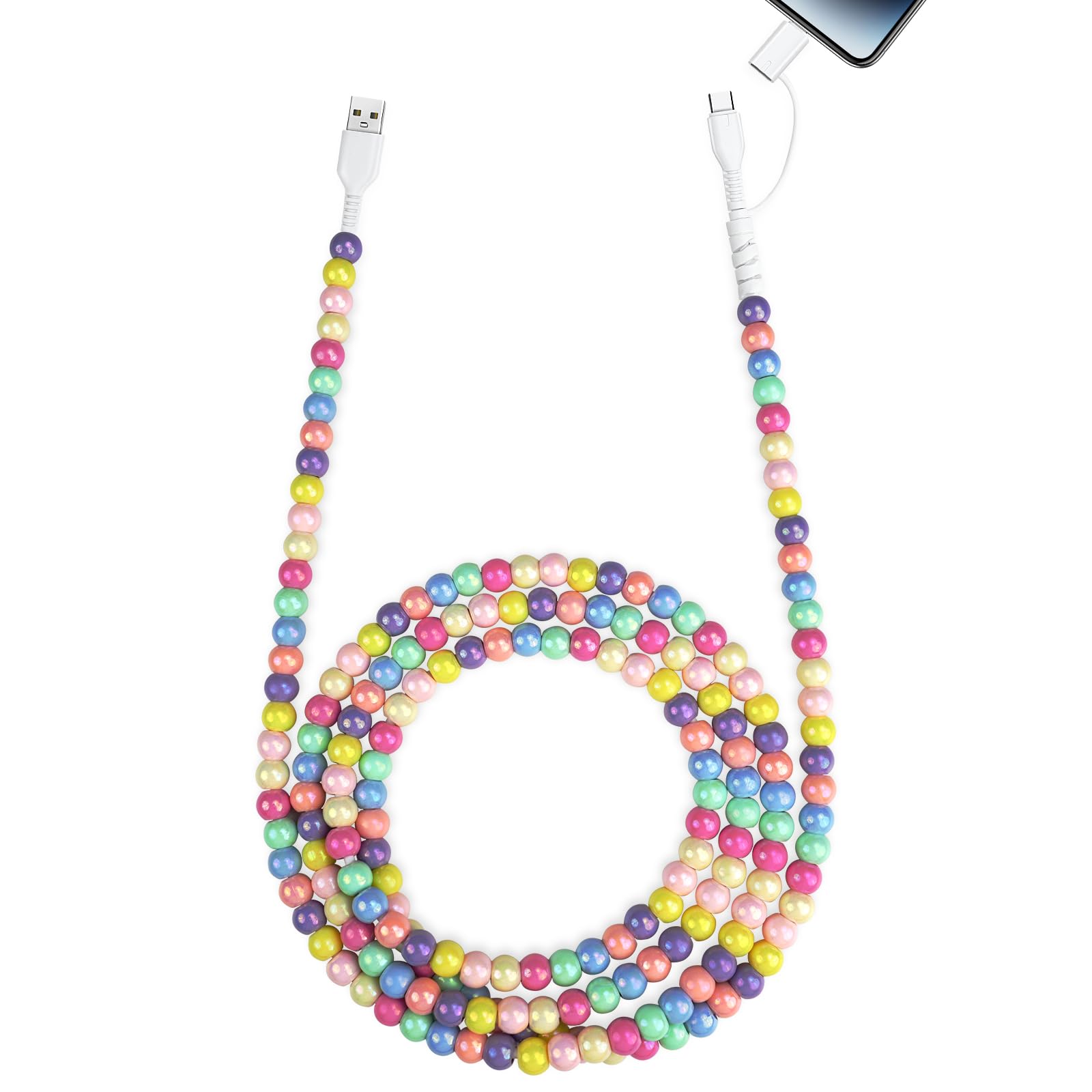 Aolcev USB C Cable for iPhone Charging Cord 2 in 1 Multi Cute Beaded USB to USB C Fast Charger Cord 6.6FT MFi Certified Type C Charging Cable for