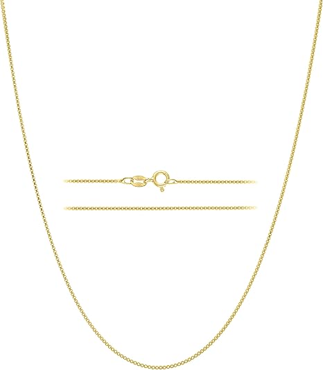 KISPER Italian 18K Gold Plated 925 Sterling Silver Diamond Cut Box Link Chain Necklace – for Women & Men with Spring Ring Clasp – Made in Italy