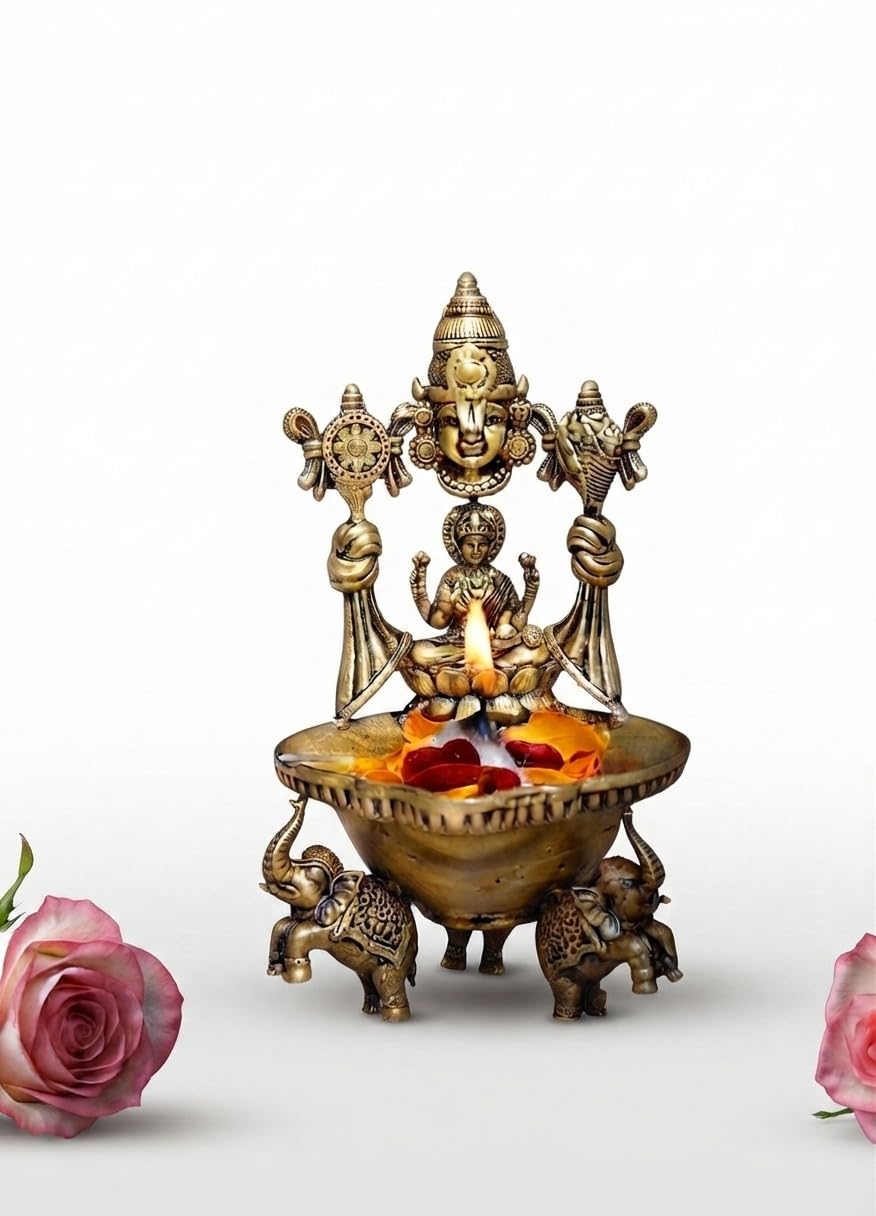 Shree Gajalakshmi Balaji Brass Deepak 4.5 Inch | Handcrafted Antique Finish Lakshmi Diya | Brass Oil Lamp for Home Temple, Pooja Room, Mandir Decor, Aarti, Festivals & Spiritual Gifting-image-24