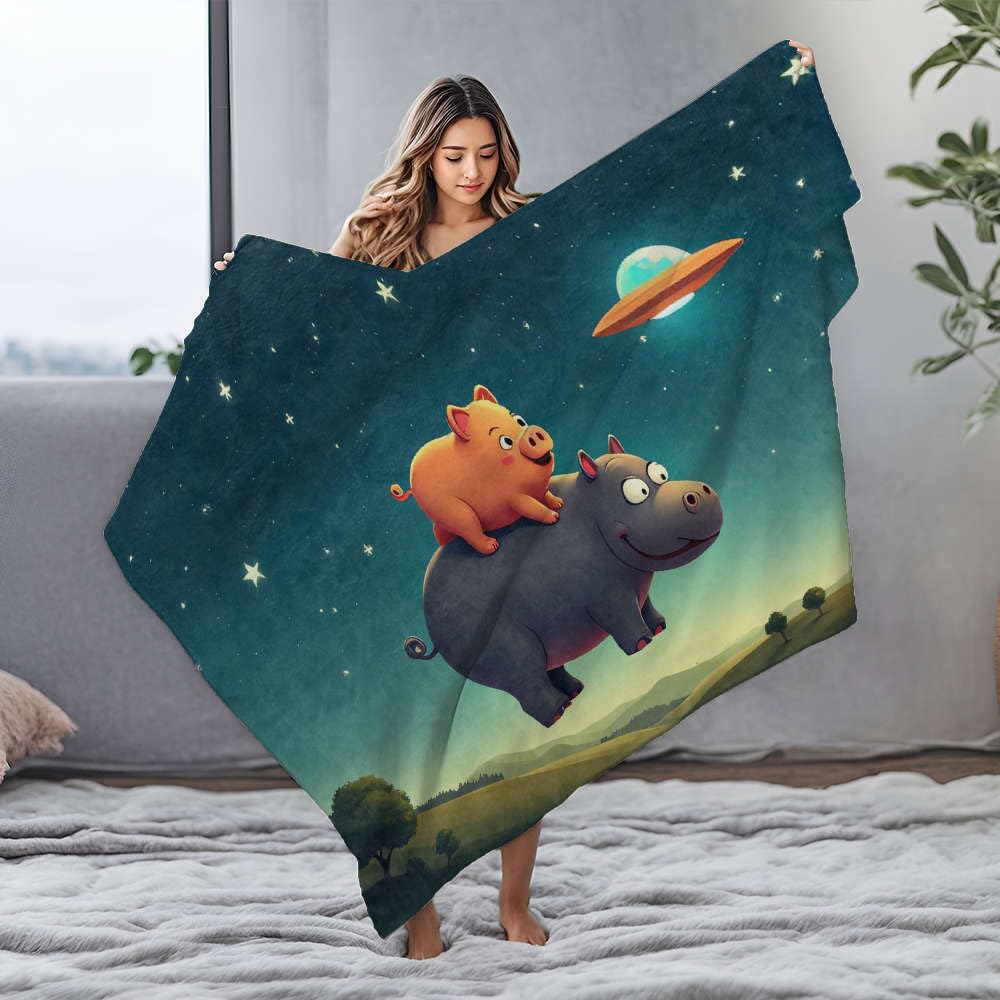 Couverture en flanelle blanche 125x150 cm imprimé cochon et hippopotame