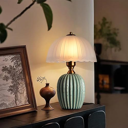 Miniatura 2 de Vintage Table Lamp, Green Ceramic Chinoiserie Lamp 14.6" Frosted White Wave-Edge Lampshade Traditional Mushroom Light Retro for Bedside Nightstand