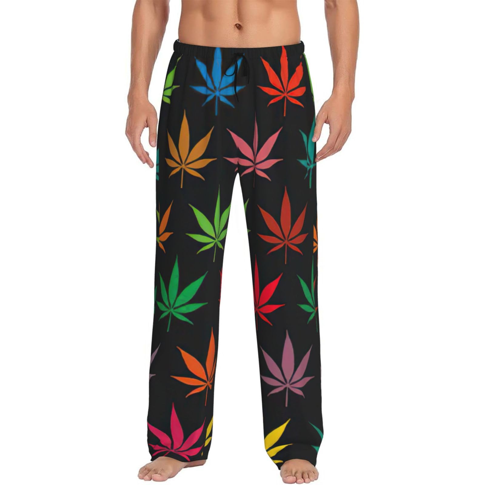 MBCbjg Colorful Cannabis Leaves Print Mens Bottoms Pyjama Pants, Soft Sleep Trousers With Pockets, Lightweight Loungewear Pjs For Comfortable Sleep And Lounge