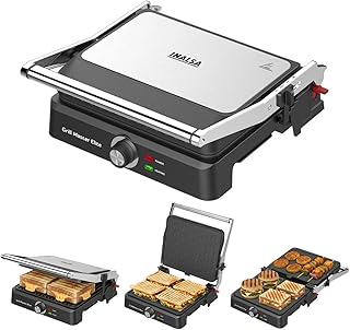 INALSA Sandwich Maker 2200W|Large Non-Stick Coated Cooking Surface|Oil Collector Tray|Dual Grill & Griddle Function|3-Step Plate Lock|Cool Touch Handle|2 Yr Warranty,4 Slice Plate,Grill Master Elite