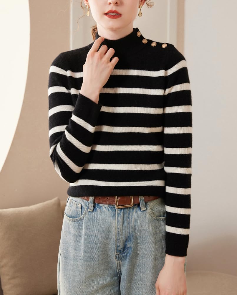 E-girl SPR2334 - Maglione da donna 95% cashmere con colletto alto, a maniche lunghe, in lana di cachemire a righe, sottile
