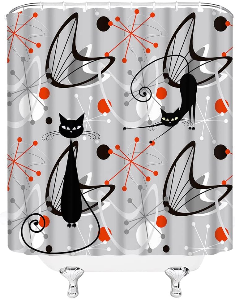 Mid Century Shower Curtain Black Cat Retro Diamond Atomic Starbursts 1950s 1960s Abstract Geometric Minimalist Simple Vintage Modern Bathroom Decor Polyester Curtains with Hooks，Yellow Orange Beige