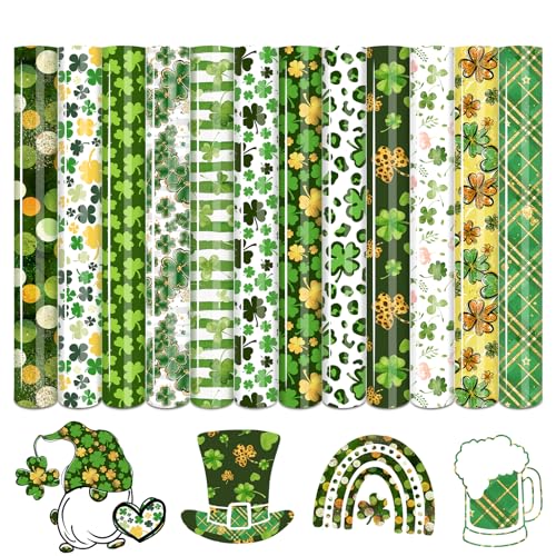 Tintnut St. Patrick's Heat Transfer Vinyl 12sheets 12 x 10 Green HTV Iron on Vinyl Clover Patterned HTV Vinyl for Fabrics Shamrock HTV