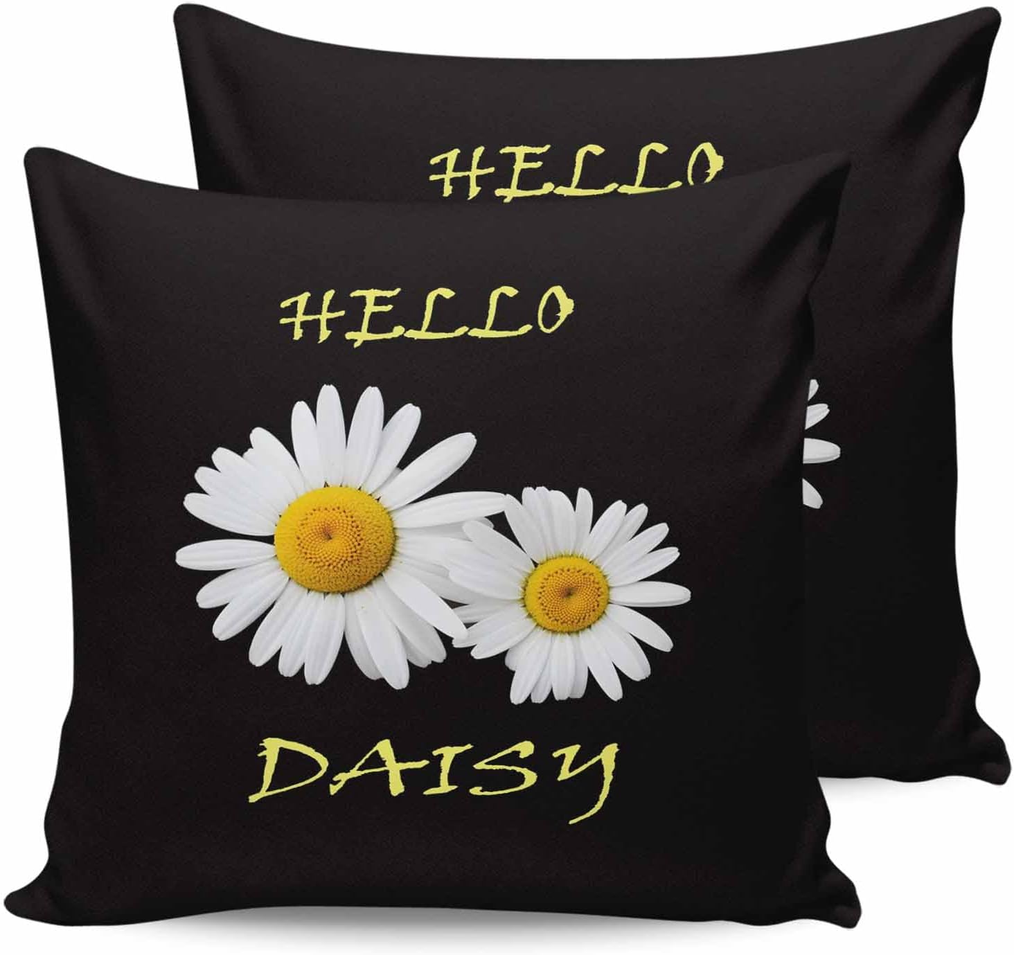 White Daisy Decorative Throw Pillow Cover Set of 2, Spring Hello Daisy Floral Black Cushion Cases Modern Accent Square Pillowcase for Couch Sofa Bedroom Living Room 16x16 Inch