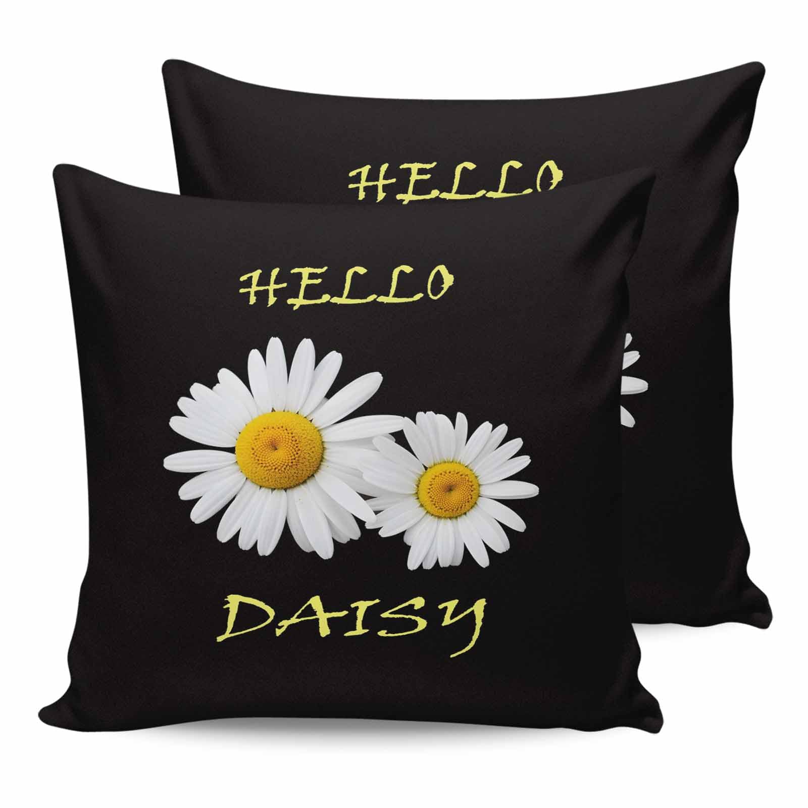 White Daisy Decorative Throw Pillow Cover Set of 2, Spring Hello Daisy Floral Black Cushion Cases Modern Accent Square Pillowcase for Couch Sofa Bedroom Living Room 16x16 Inch