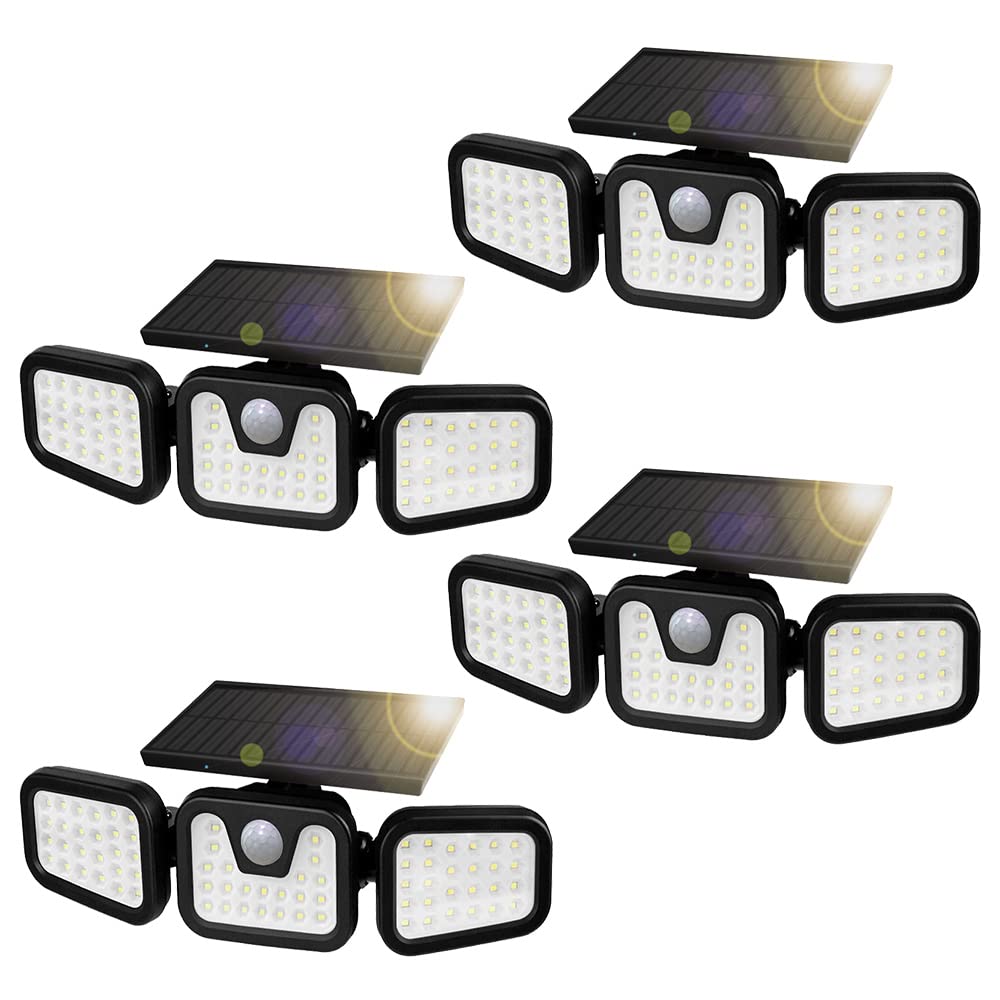 4PACK Solar Security Light Outdoor Solar Motion Sensor Light 500Lumen 74LED Solar Powered Security Flood Lighting with 3 Heads Wide Angle Illumination IP65 Waterproof for Outdoor Porch Yard Garage