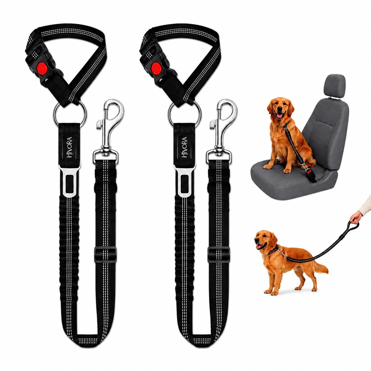 Hivora Two Dog Car Seat Belts Adjustable Safety Harness Headrest Attachment