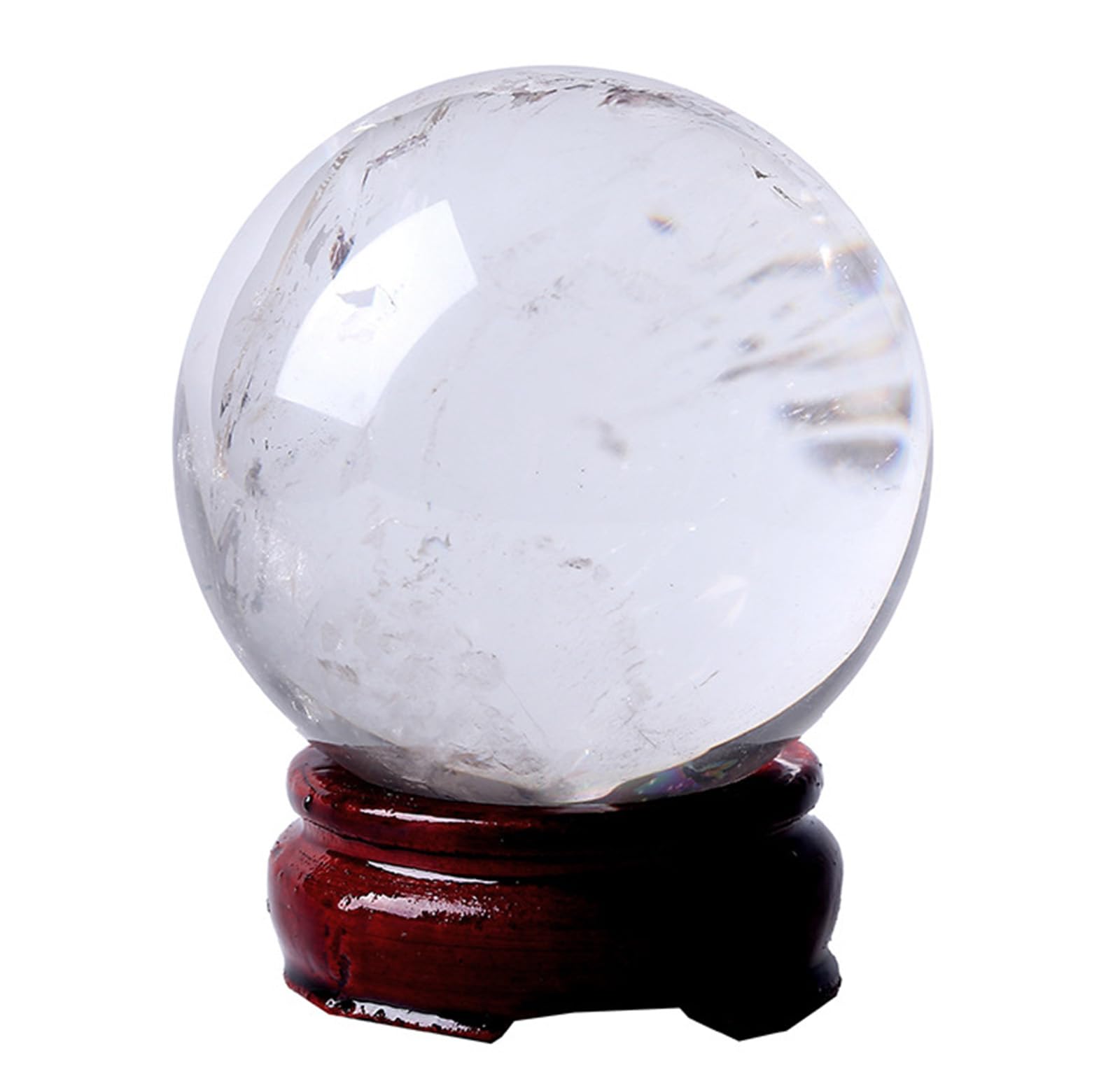 FOPURE White Crystal Ball with Wooden Stand,Clear Quartz Sphere Decorative Fengshui Stone for Divination, 9cm/3.5in