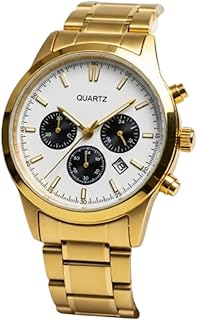 Men's Quartz Watch with Gold Metal Strap - Classic Light on Hand (Frame White)