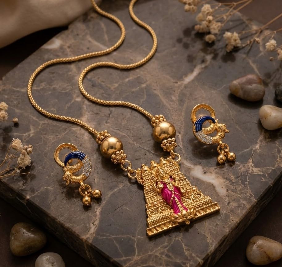 Image of Traditional Gold-Plated Lakshmi Temple Pendant Necklace Set for Women | Antique South Indian Jewelry with Jhumka Earrings | Ethnic Bridal, Wedding & Festive Jewelry Set