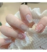 24pcs Short Press on Nails Coffin, Nude Cat Eye Fake Nails Glue on Nails Glittery Firework Stick ...