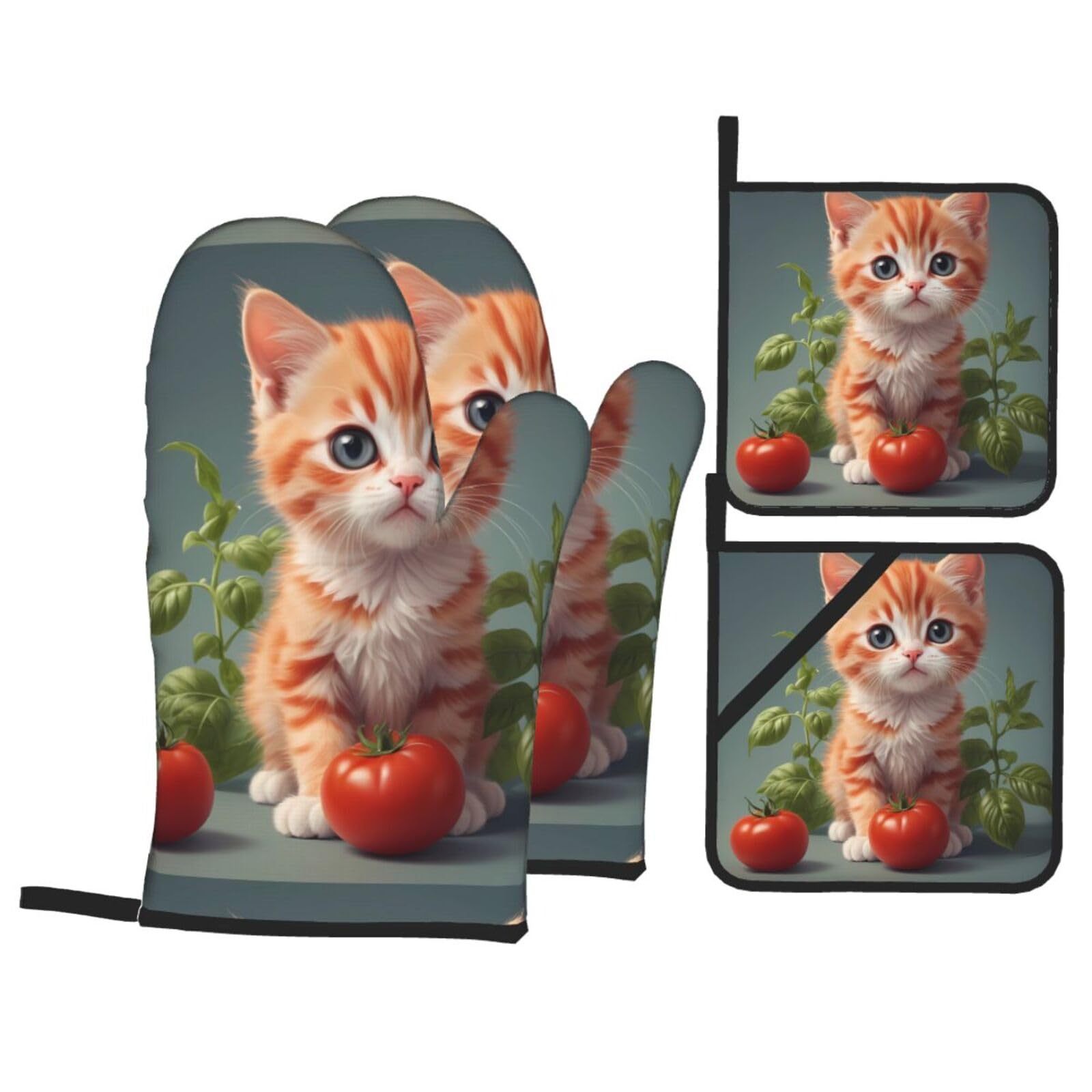 HJFCZH Tomato Kitten Picture Kitchen Baking Set of 4 Thick Insulated Oven Mitt & Pot Holders, Anti-Scalding for Microwave, Oven, Outdoor BBQ
