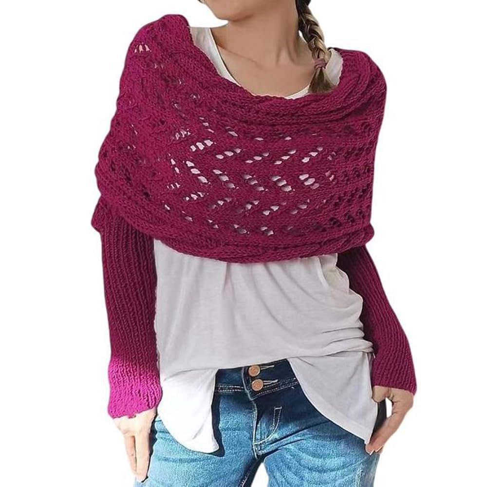 Knitted Cable Wrap Shawl with Sleeves, Multifunctional Scarf
