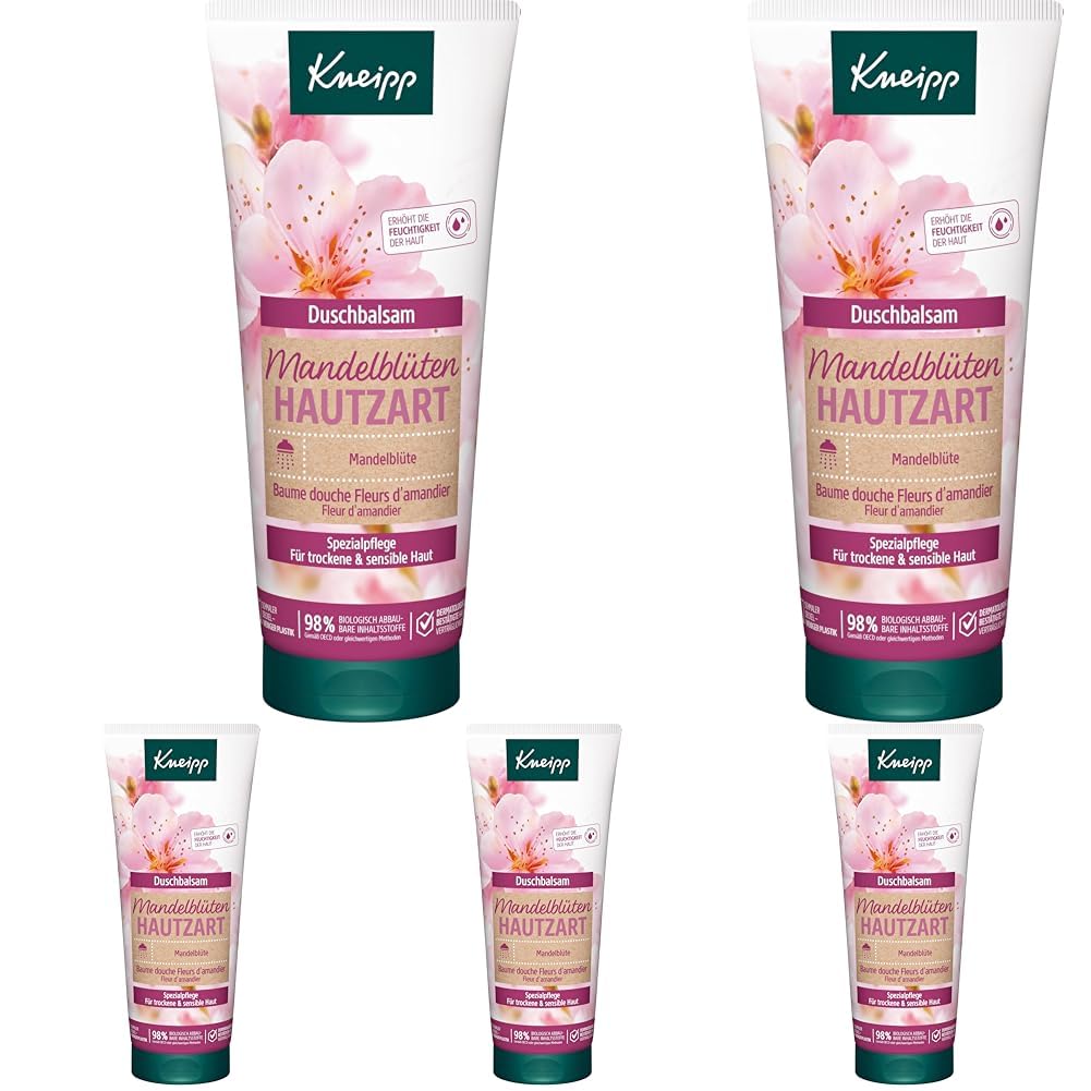 Kneipp Duschbalsam Mandelblüten Hautzart - feuchtigkeitsspendende Duschcreme mit Mandelmilch & Mandelöl für geschmeidige Haut - ohne Mikroplastik - 200ml (Packung mit 5)