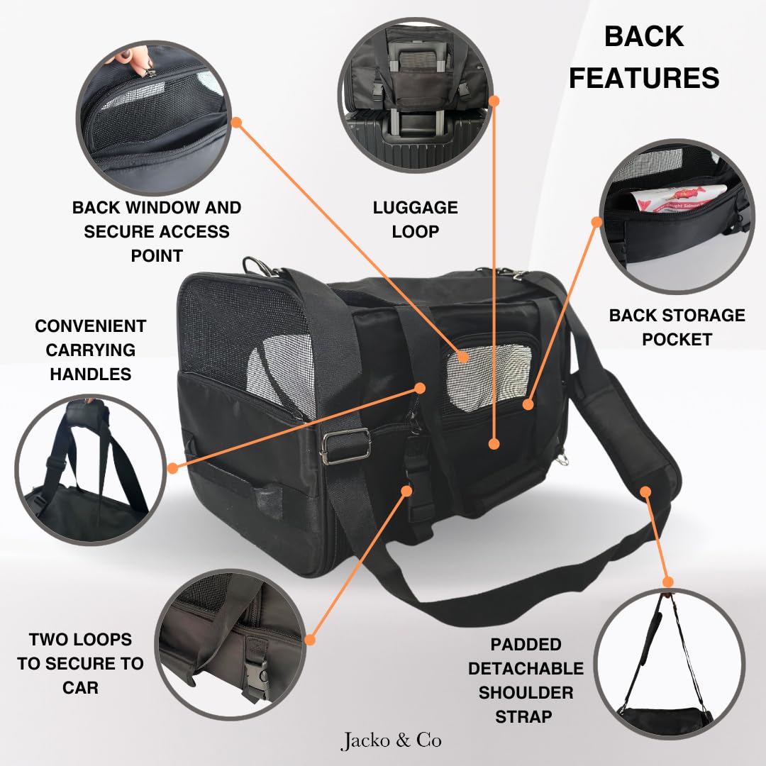 JACKO & CO - Premium Dog & Cat Carrier up to 10lbs, TSA Airline Approved with Luggage Loop, Soft-Sided Travel Carrier Bag for Pets, Small Dogs, Puppies, Kittens, Ventilated Windows & Fully Collapsible