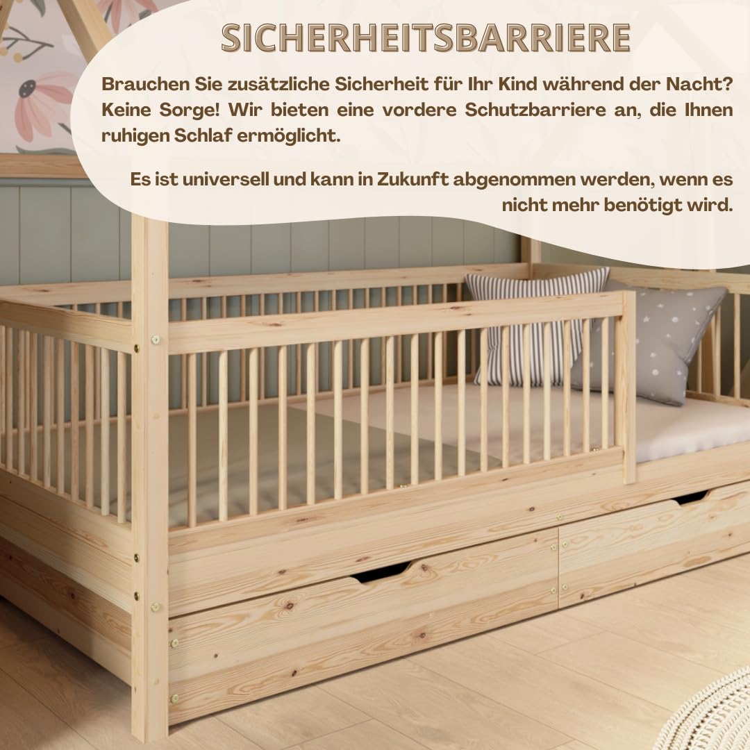 Hausbett – Montessori Kinderbett aus Massivholz mit Rausfallschutz – Sicheres Kinderbett aus Naturholz - Leichter Aufbau - Crazy Folly (Naturholz mit Schubladen, 160 x 80 cm)